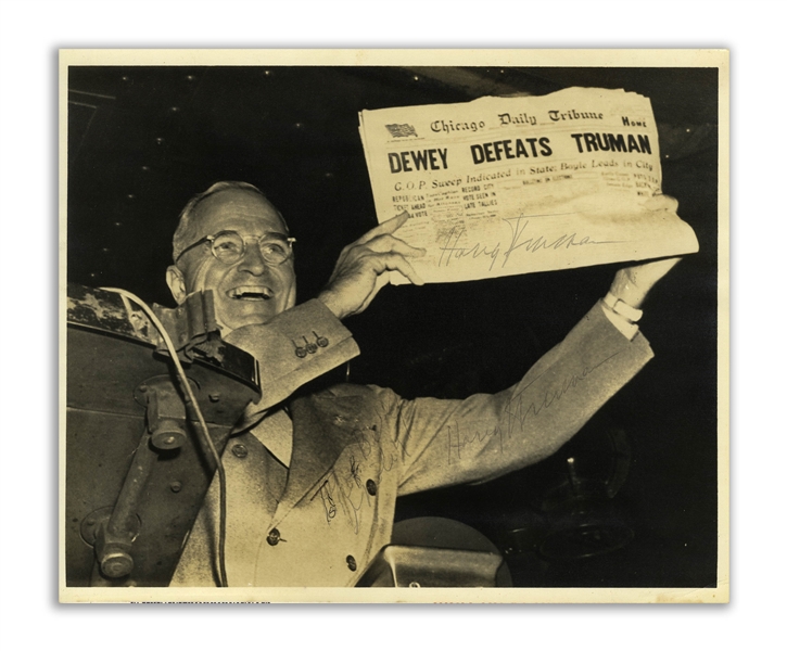 Harry Truman Twice-Signed 10'' x 8'' Photograph, Famously Showing Truman Holding Up the ''Dewey Defeats Truman'' Newspaper -- Original UPI Press Photo -- With University Archives COA